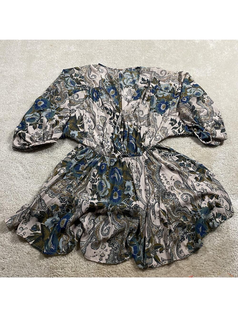 Free People Dress Womens S Multicolor Floral Boho Flare Mini Puff Sleeve Lined